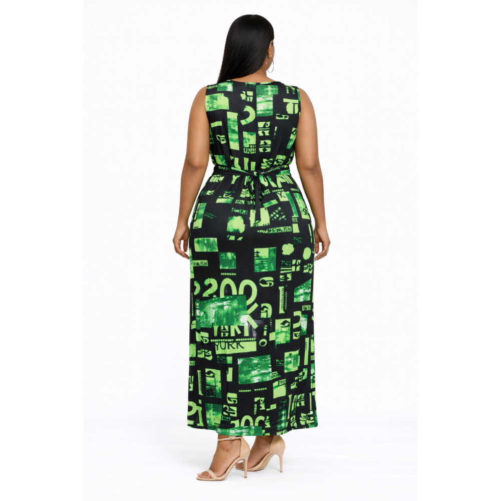 Green Printed Sleeveless Midi Dress